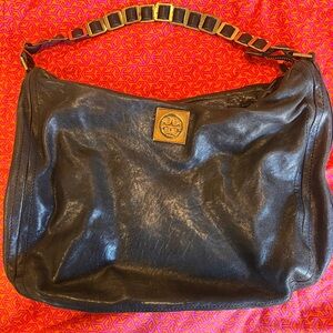Tory Burch Black Leather Shoulder Hobo with Gold Logo